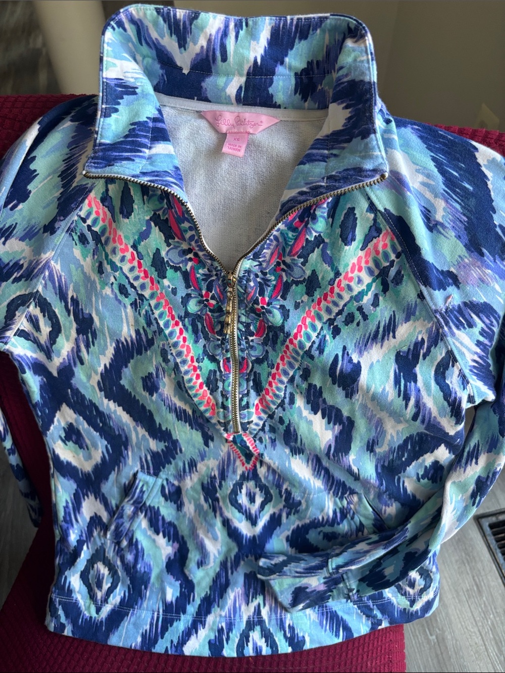 Lilly Pulitzer Blue Teal Ikat-Print Half-Zip Sweatshirt